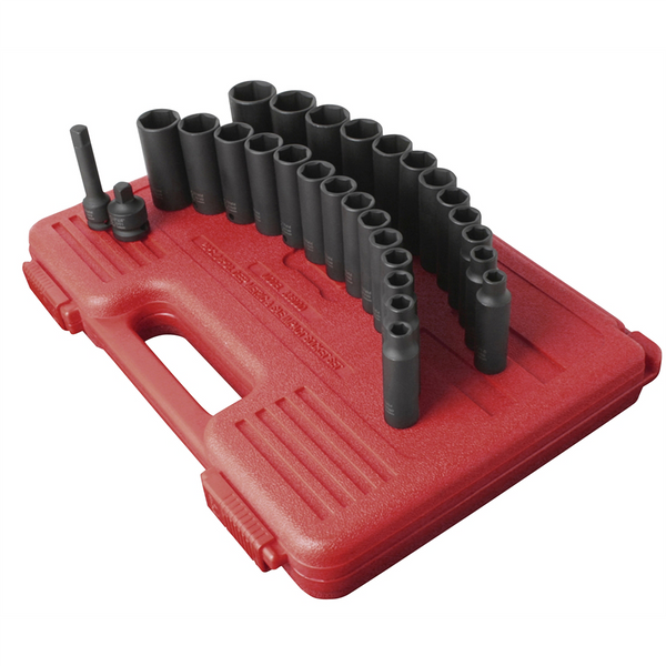 SUNEX SOCKET SET IMPACT 3/8IN. DR.28PC DBLE DEEP MET/SAE