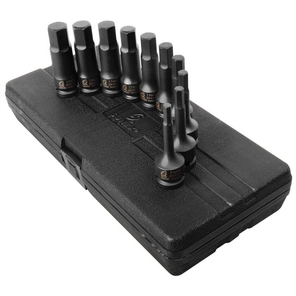 SUNEX 1/2 Inch Drive Metric 4 Inch Long Hex Impact Bit Socket Set - 10 Piece