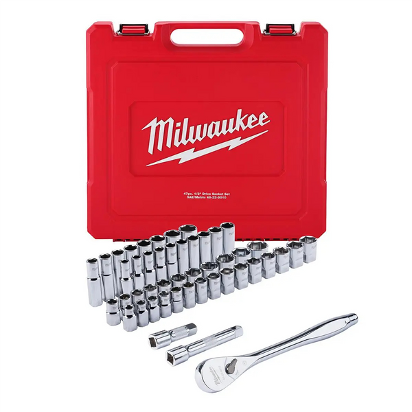 Milwaukee Tool 47pc 1/2" Drive Metric & SAE Ratchet and Socket Set with FOUR FLAT Sides